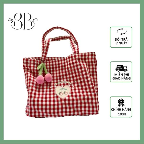 Túi tote màu đỏ in hình cherry